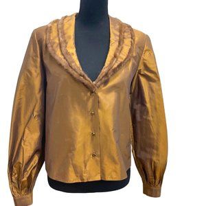 Fur Trimmed Taffeta Blouse 90s Y2K Dark Gold V-Neckline Button Front